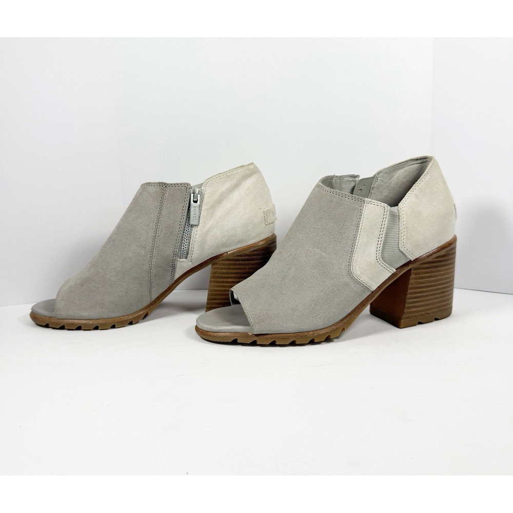 Sorel Nadia Peep Toe Bootie Suede Leather Block Heel Chunky Boho Gray Size 9.5 - Picture 2 of 14